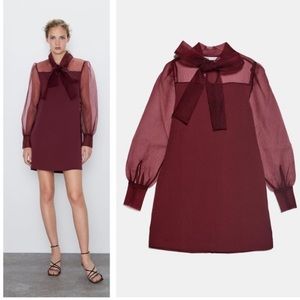 Zara organza sleeve mini dress with bow
